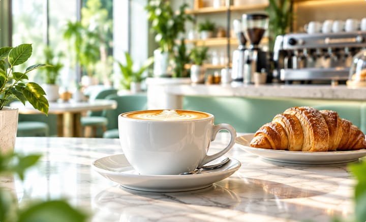 Cappuccino e cornetto su un bancone di marmo in una caffetteria