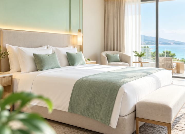 Camera d'albergo luminosa con letto matrimoniale e vista sul mare