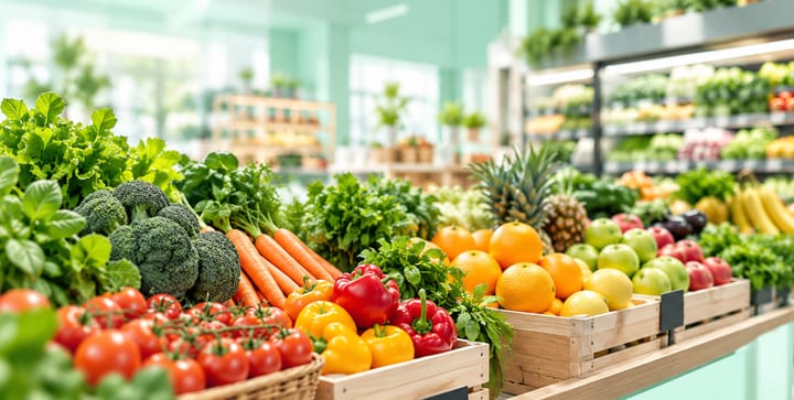 Banco di frutta e verdura fresca in un negozio di alimentari