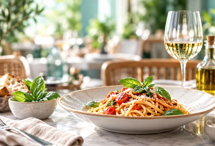 Piatto di spaghetti al pomodoro e basilico su un tavolo di ristorante